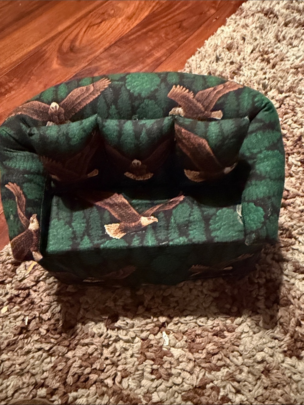 Plush Green Eagle-Print miniature Sofa 9x9x 7 inches